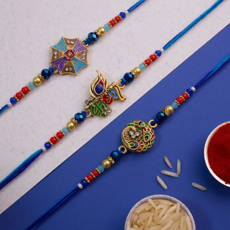 Colorful Peacock & Kundan Rakhi Trio 1