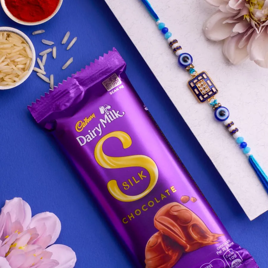 Stylish Evil Eye Rakhi & Silk Chocolate Combo 1