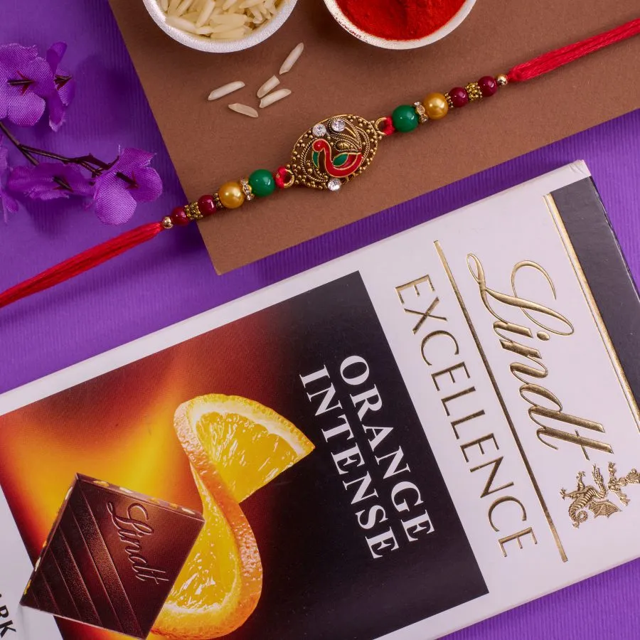 Delightful Peacock Rakhi with Lindt Chocolates 1