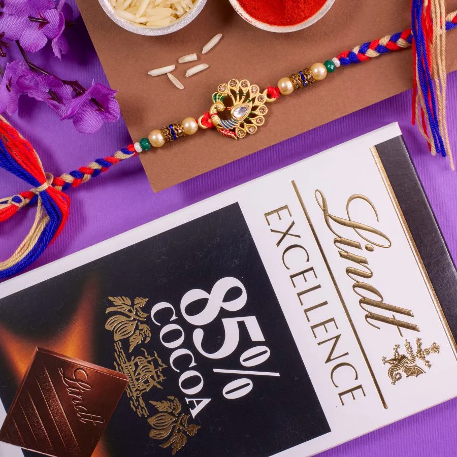 Kundan Peacock Rakhi with Gourmet Lindt Chocolates 1