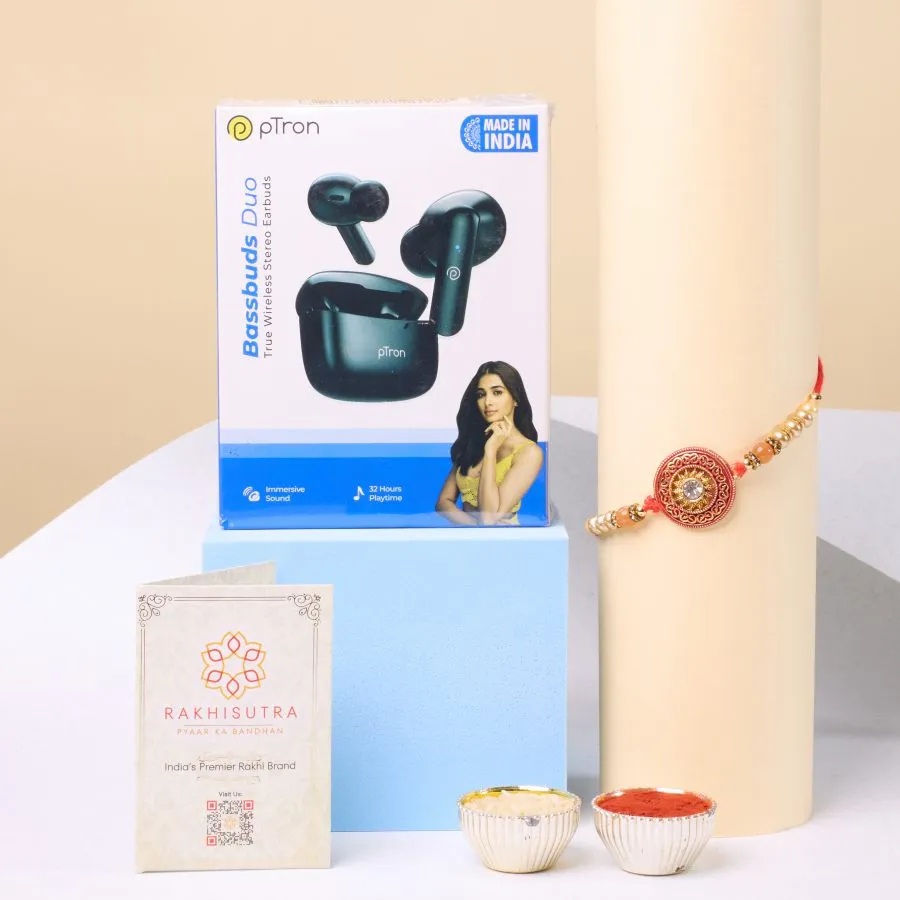 Kundan Rakhi With Ptron Bassbuds Duo 1