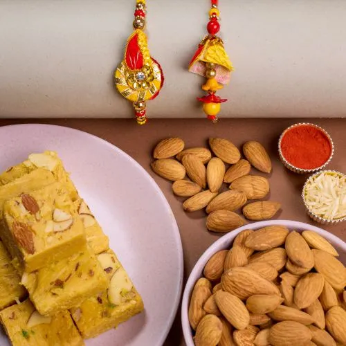 Zardosi Bhaiya Bhabhi Rakhi N Sweet Treats Hamper 1