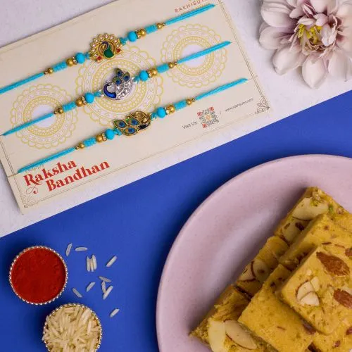Kundan Peacock Rakhi Trio with Soan Papdi 1