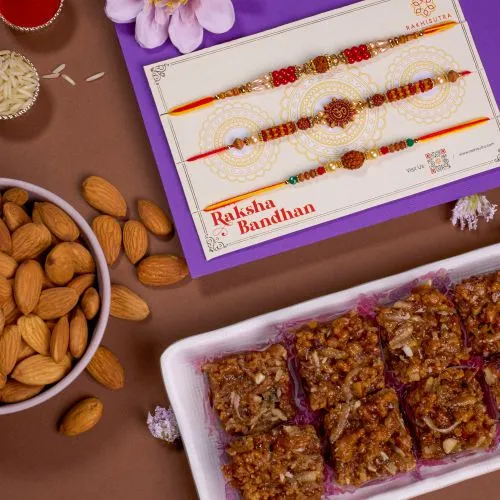 Rudraksh and OM Rakhi with Sweets 1