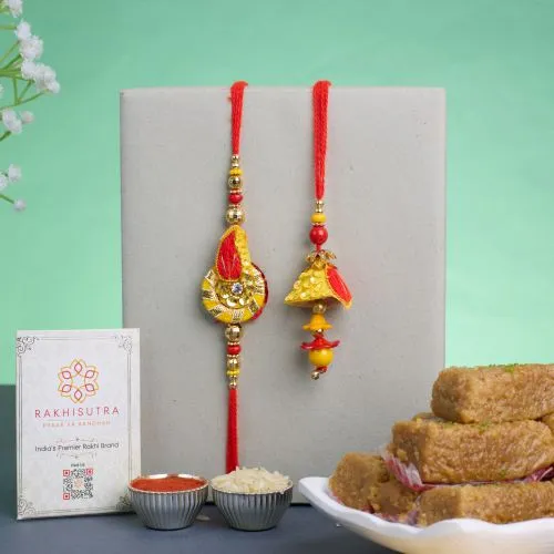 Traditional Zardosi Bhai Bhabhi Rakhi N Milk Cake Combo 1