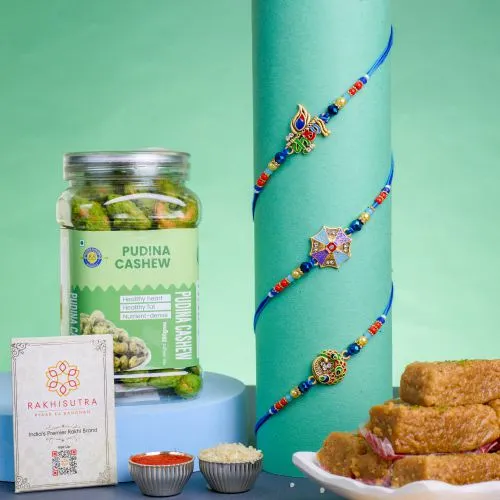 Elegant Kundan Rakhi Trio with Savory N Sweet Treats 1